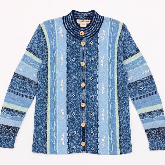 Norm Thompson Embroidered Cardigan Sweater Small Blue Button Up Winter Layering - Picture 3 of 16
